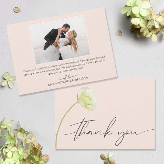 Chic Watercolor Flower Wedding Photo Thank You Card (Watercolor flower on front, your photo and message on the back of flat wedding thank you cards)