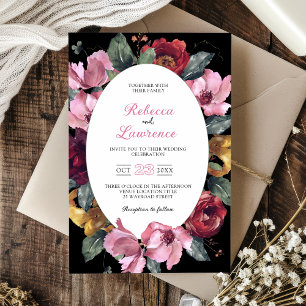 Chic watercolor flowers black wedding invitation