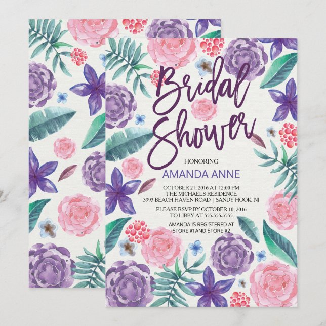 Chic Watercolor Flowers Bridal Shower Invitation (Front/Back)