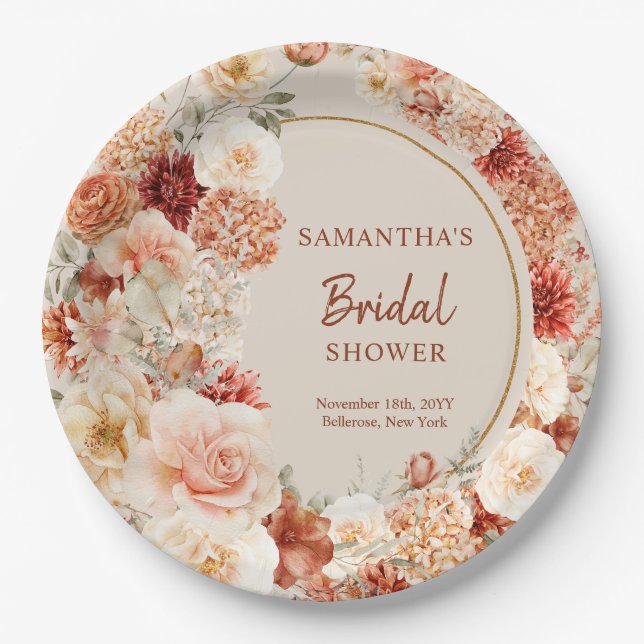 Chic watercolor flowers fall colours copper blush  paper plate (Front)
