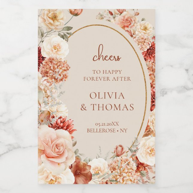 Chic watercolor flowers fall colours copper blush wine label (Single Label)