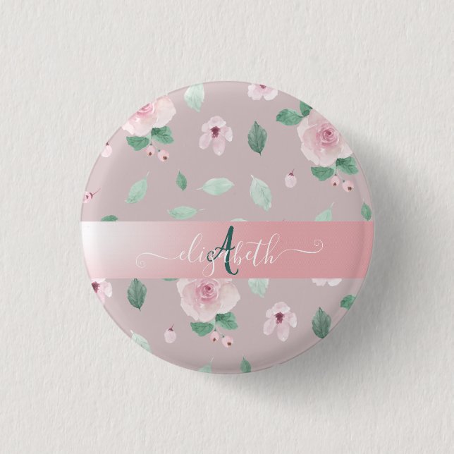 Chic Watercolor Flowers Monogram 3 Cm Round Badge (Front)