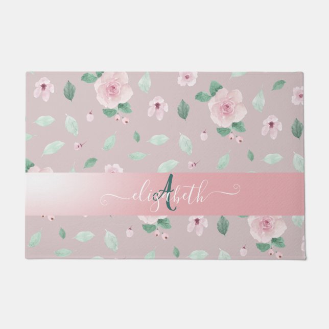 Chic Watercolor Flowers Monogram Doormat (Front)