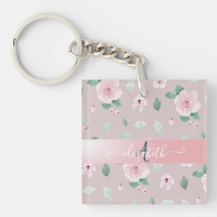 Chic Watercolor Flowers Monogram  Key Ring