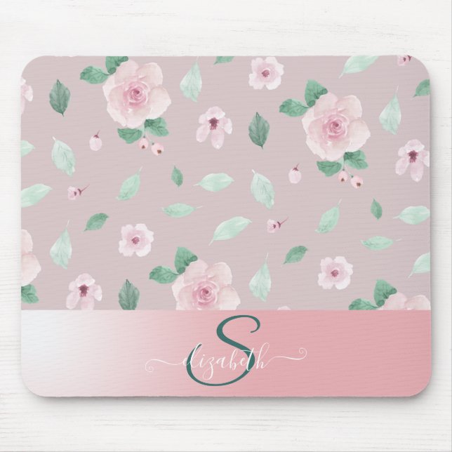Chic Watercolor Flowers Monogram Mouse Mat (Front)