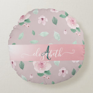 Chic Watercolor Flowers Monogram   Round Cushion