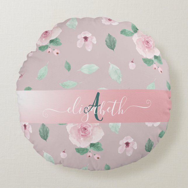 Chic Watercolor Flowers Monogram   Round Cushion (Front)