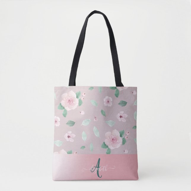 Chic Watercolor Flowers Monogram  Tote Bag (Front)