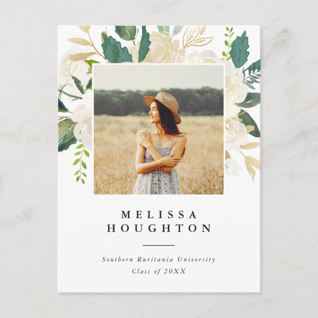Chic Watercolor Flowers Photo Graduation Party Invitation Postcard (Front)