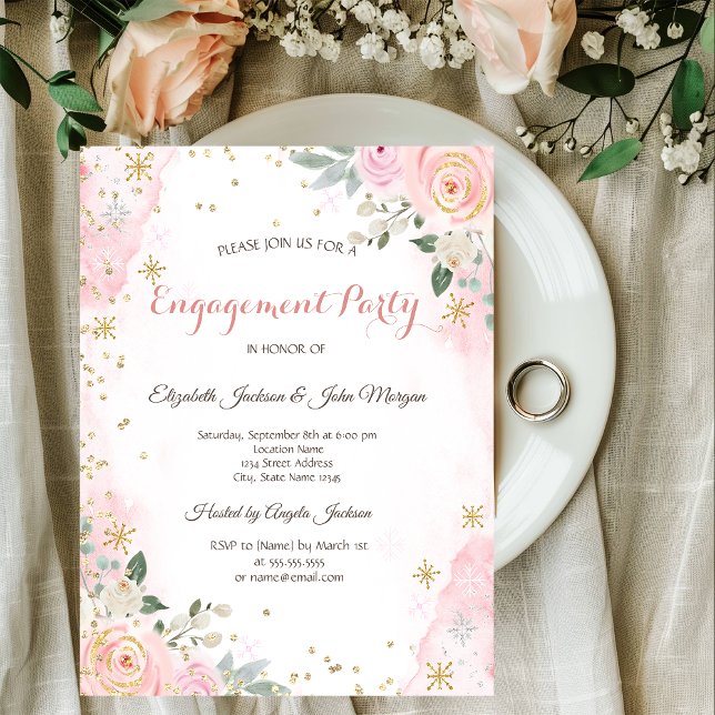 Chic Watercolor Flowers Snowflakes  Engagement Invitation (Creator Uploaded)