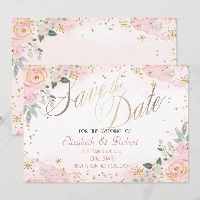 Chic Watercolor Flowers Snowflakes  Save The Date (Front/Back)