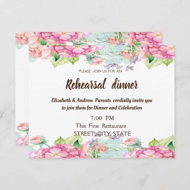 Chic Watercolor Flowers  Wedding  Rehearsal Dinner Invitation (Front/Back)
