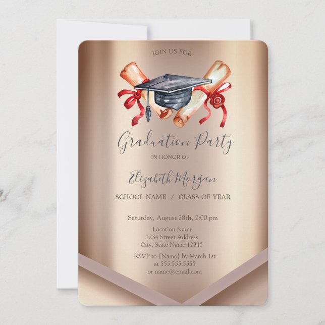 Chic Watercolor Graduation Cap Diploma, Graduation Invitation (Front)