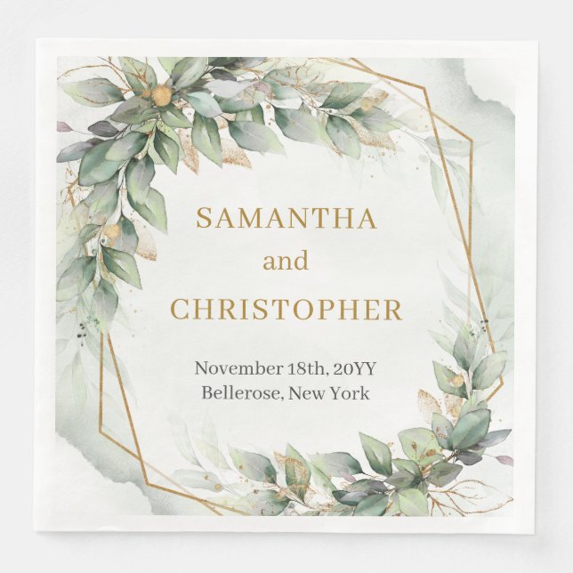 Chic watercolor green eucalyptus and gold wedding napkin (Front)