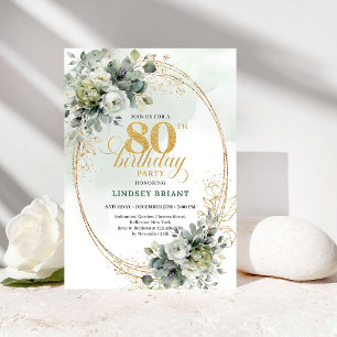 Chic Watercolor Greenery 80th Birthday Invite