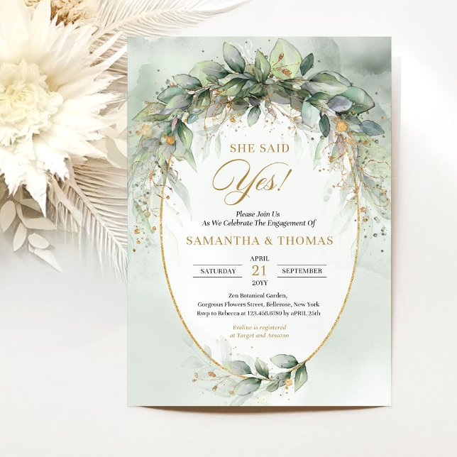 Chic watercolor greenery and gold Engagement Invitation (Watercolor eucalyptus engagement invitation digital)