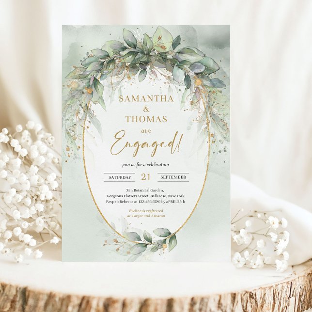 Chic watercolor greenery and gold Engagement Invitation (Watercolor greenery engagement invitation digital)
