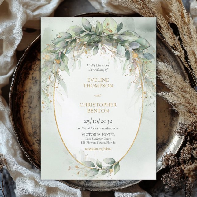 Chic watercolor greenery and gold frame wedding invitation (watercolor eucalyptus wreath gold frame wedding invitation digital)