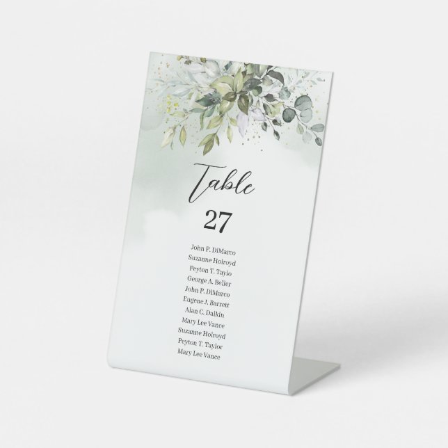 Chic watercolor greenery eucalyptus gold wedding pedestal sign (Front)