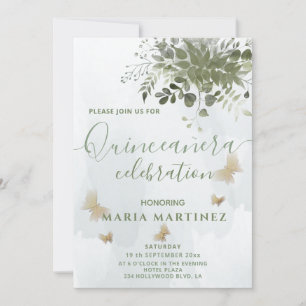 Chic watercolor greenery eucalyptus Quinceañera Invitation