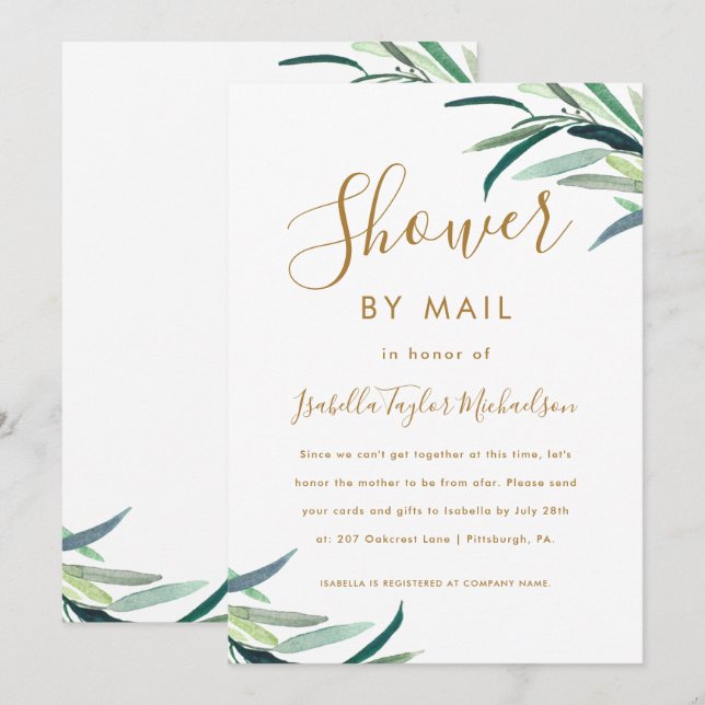 Chic Watercolor Greenery Shower by Mail Invitation (Front/Back)