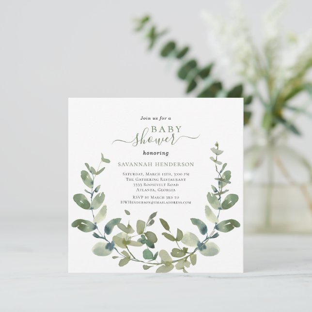 Chic Watercolor Greenery Wreath Baby Shower Invitation (Standing Front)