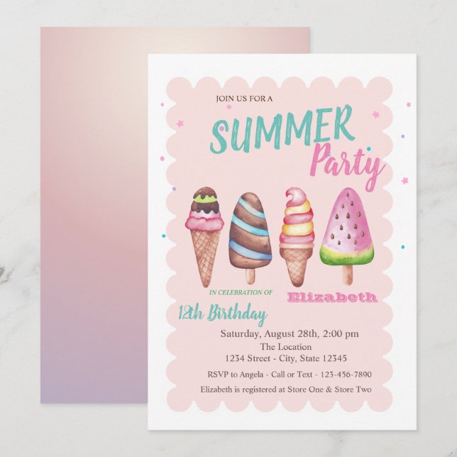 Chic Watercolor Ice creams Summer Birthday Party Invitation (Front/Back)