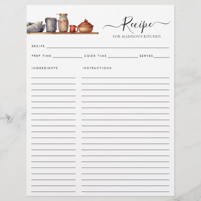 Chic Watercolor Kitchen Shelf Pots Utensils Recipe (Front)