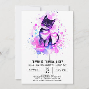 Chic Watercolor Kitty Birthday Invitation