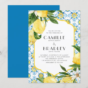Chic Watercolor Lemon Mediterranean Summer Wedding Invitation