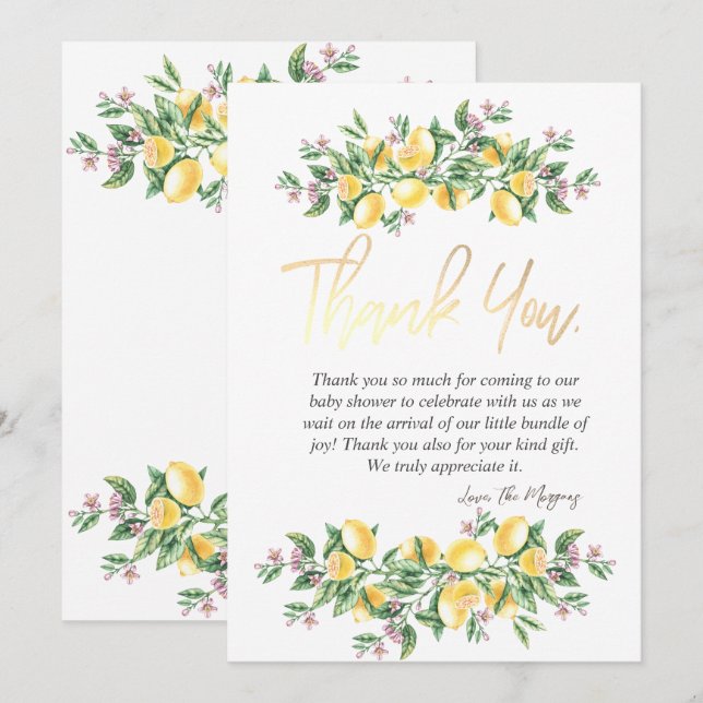 Chic Watercolor Lemons Botanical Flowers Thank You Card (Front/Back)