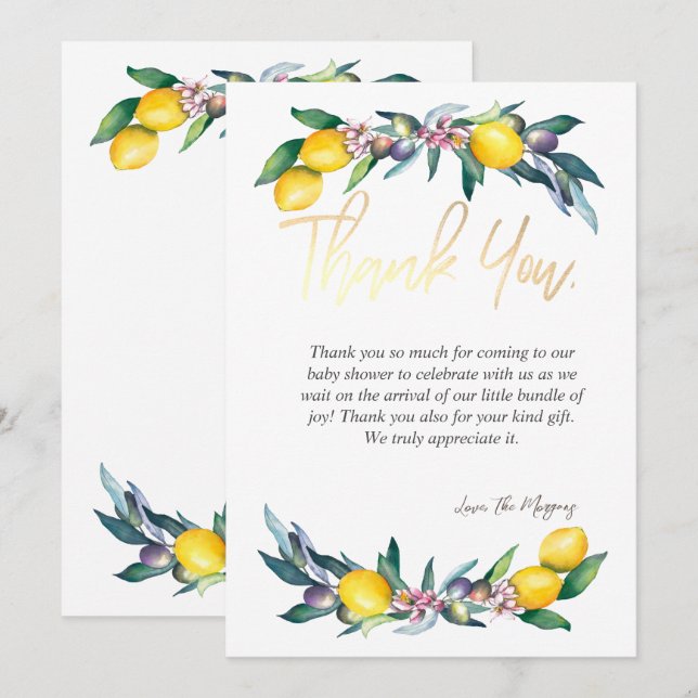 Chic Watercolor Lemons Olives Thank You Card (Front/Back)
