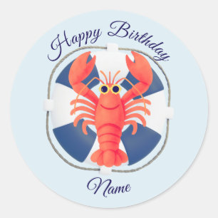 Chic Watercolor Lobster & Lifebuoy Birthday Classic Round Sticker
