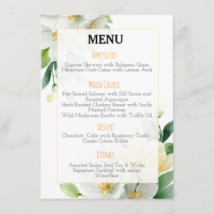 Chic Watercolor Magnolia & Jasmine Wedding Menu