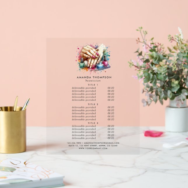 Chic Watercolor Nail Salon Pricing and Services Acrylic Sign (Wedding)