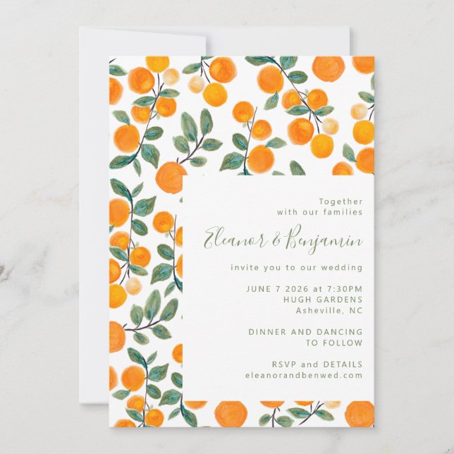 Chic Watercolor Orange Citrus Fruit Script Wedding Invitation (Front)