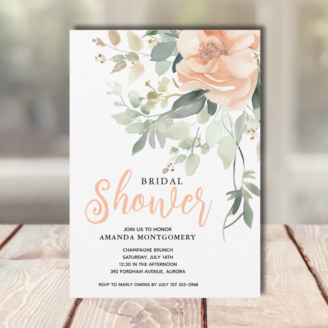 Chic Watercolor Peach Floral Bridal Shower Invitation (Creator Uploaded)