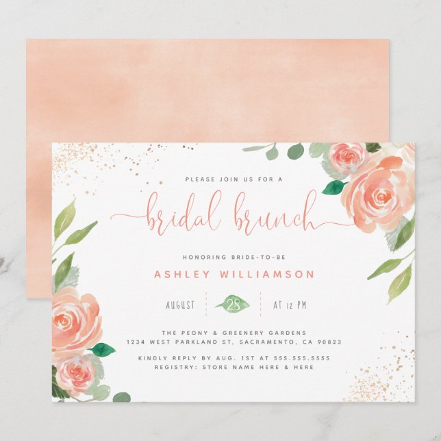 Chic Watercolor Peonies & Eucalyptus Bridal Brunch Invitation (Front/Back)
