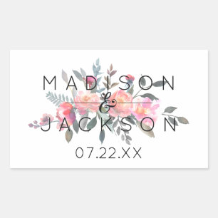 Chic Watercolor Peony Floral Wedding Monogram Rectangular Sticker