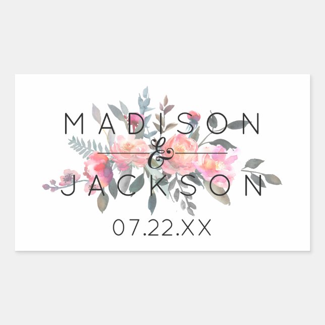 Chic Watercolor Peony Floral Wedding Monogram Rectangular Sticker (Front)