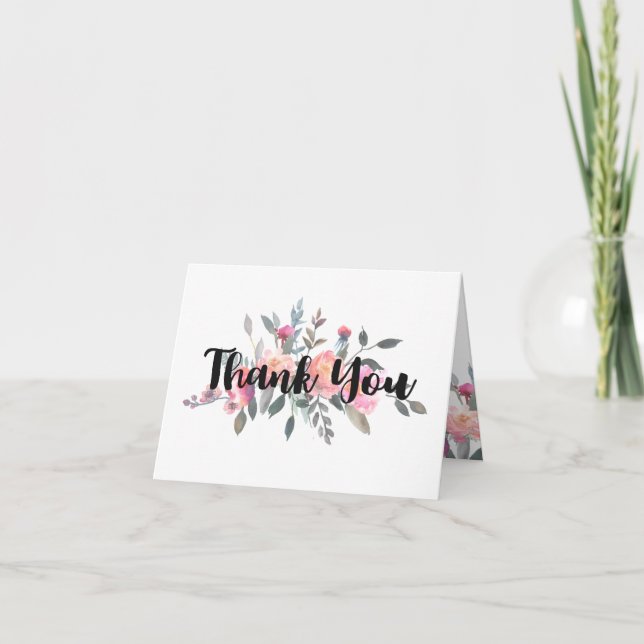 Chic Watercolor Peony Floral Wedding Thank You Card (Front)