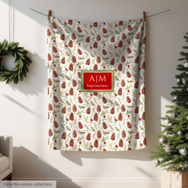 Chic watercolor pine cones pastel green Christmas Fleece Blanket (Chic watercolor pine cones pastel green Christmas Fleece Blanket)