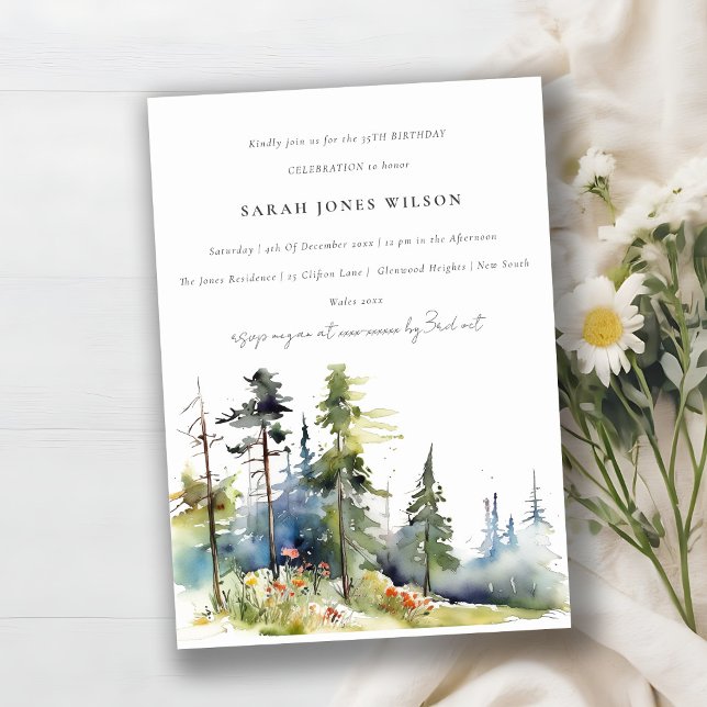 Chic watercolor Pine Forest Landscape Birthday Invitation (Creator Uploaded)