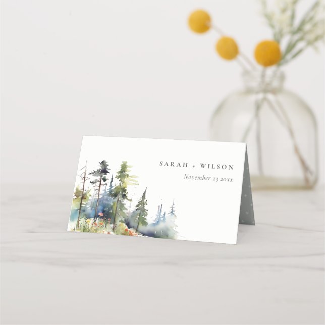 Chic Watercolor Pine Forest Landscape Wedding Place Card (Front)