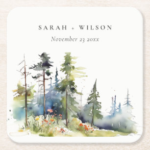 Chic Watercolor Pine Forest Landscape Wedding Square Paper Coaster