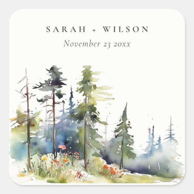 Chic Watercolor Pine Forest Landscape Wedding Square Sticker (Front)
