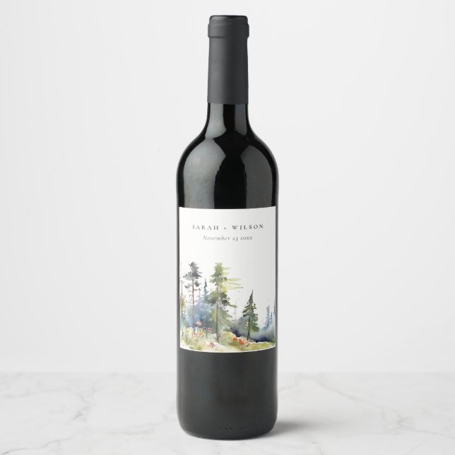 Chic Watercolor Pine Forest Landscape Wedding Wine Label (Front)