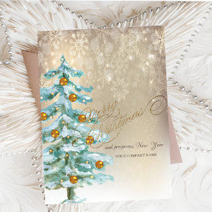 Chic Watercolor Pine Tree,Balls,Snowflakes  Holiday Card