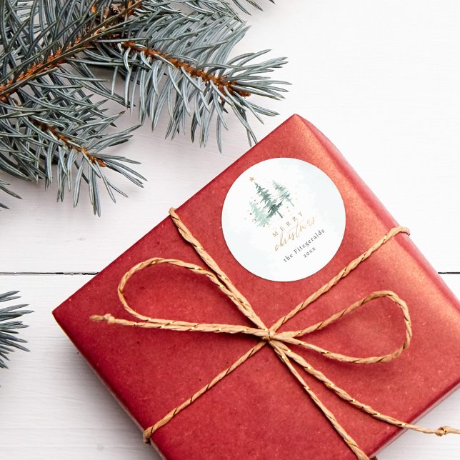 Chic Watercolor Pine Trees Merry Christmas Classic Round Sticker (Creator Uploaded)