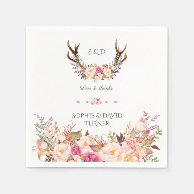 Chic Watercolor Pink Blush Floral Antlers Wedding Napkin (Front)